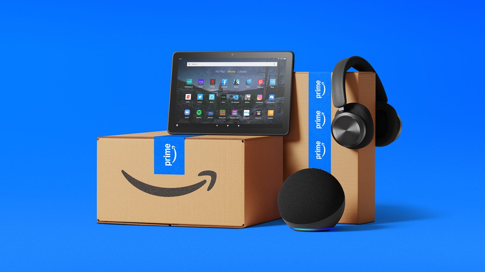 A box with a tablet and headphones