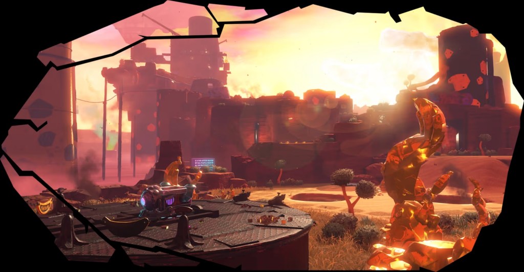 A video game screen with a large city and buildings