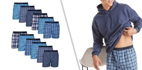 A man wearing blue and black plaid underwear