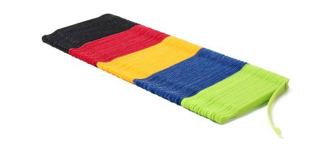 A colorful striped fabric on a white background