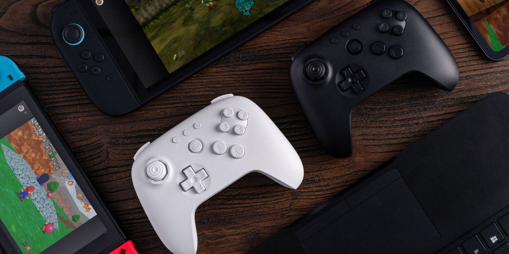 A black and white video game controllers