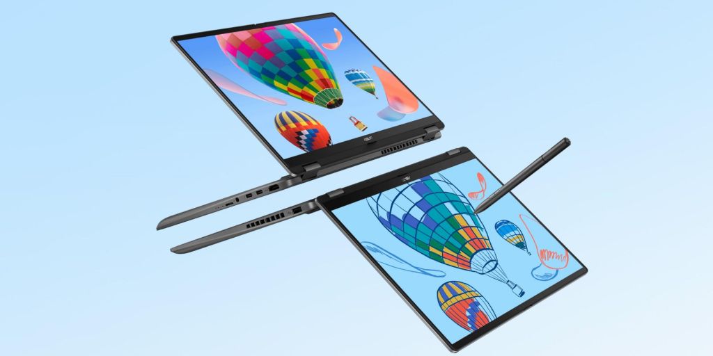 An image showing ASUS' Vivobook 14 Flip laptop with a stylus.