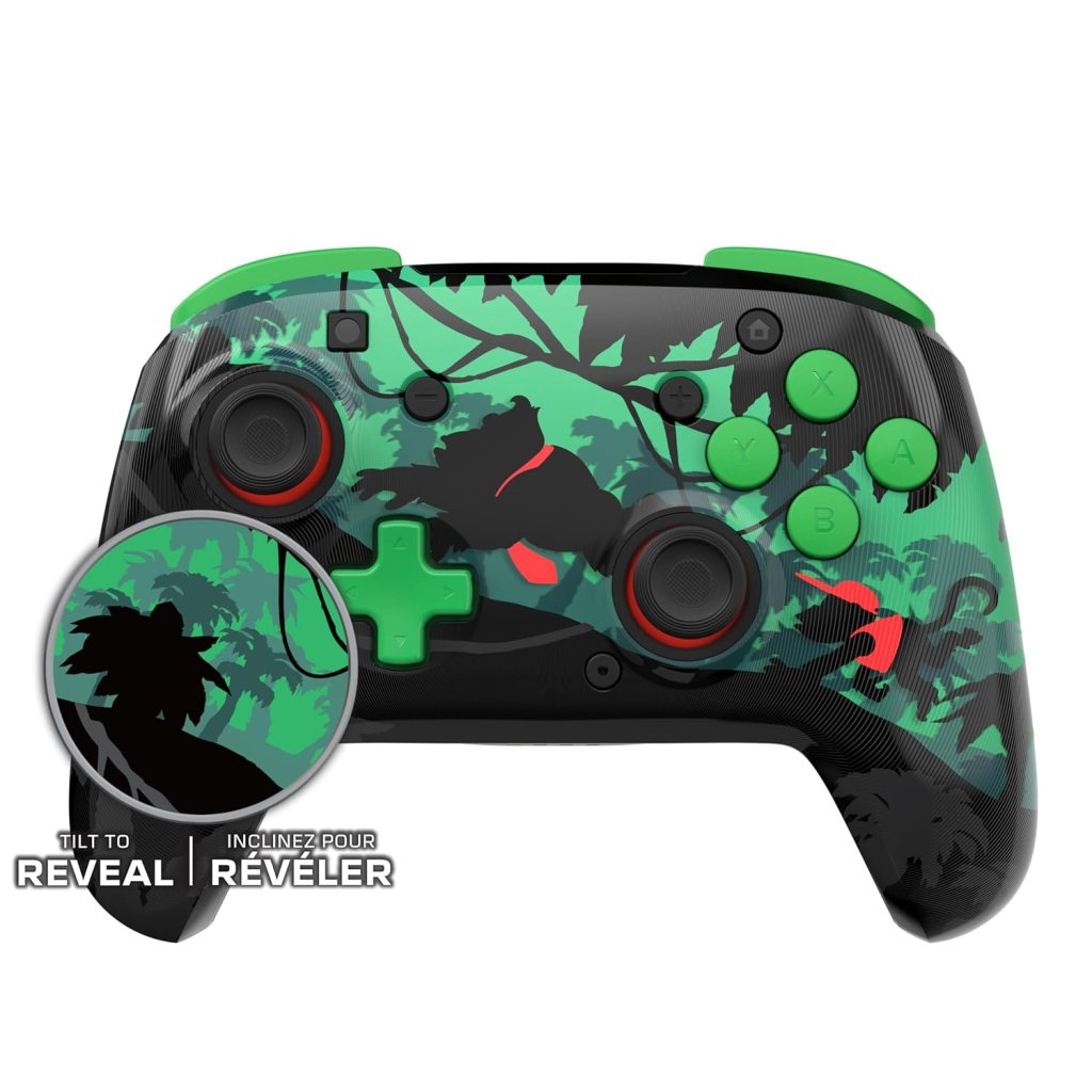 A video game controller with a green and black design