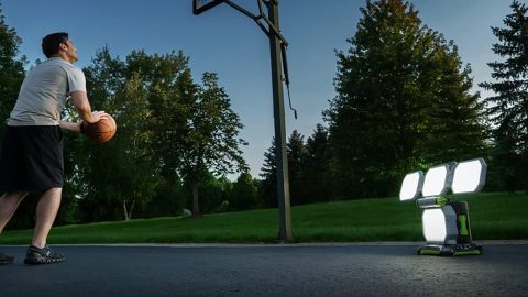 A street lamp and a basketball hoop