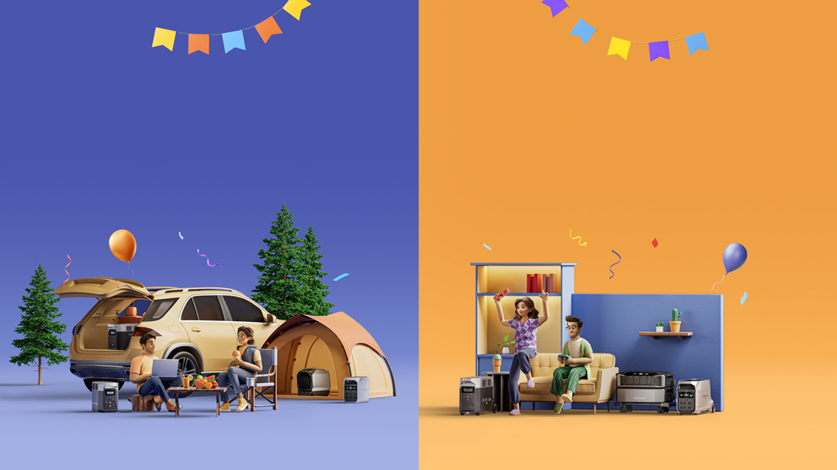 A couple of people sitting on a couch in front of a tent