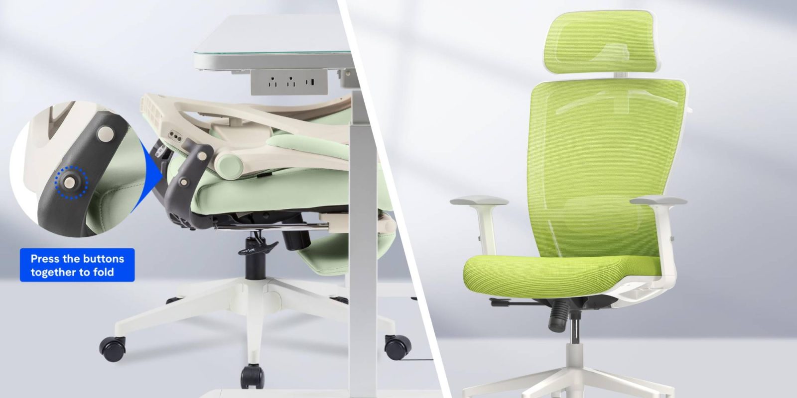 A green office chair and a white desk