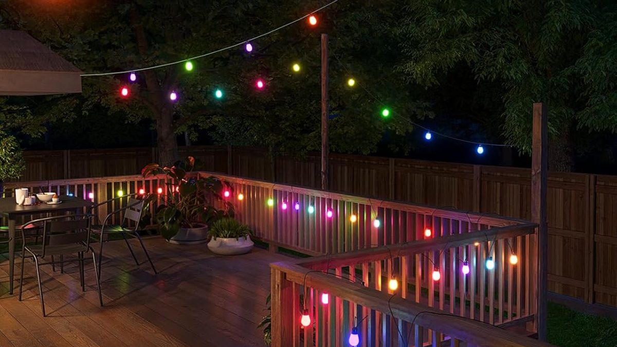 A deck with lights on it