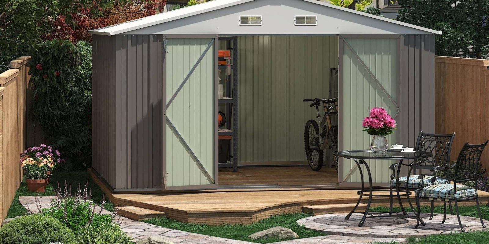 A shed with a table and a bicycle