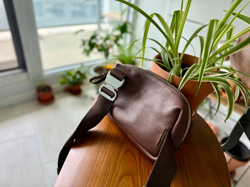 A brown bag on a table next to a potted plant
