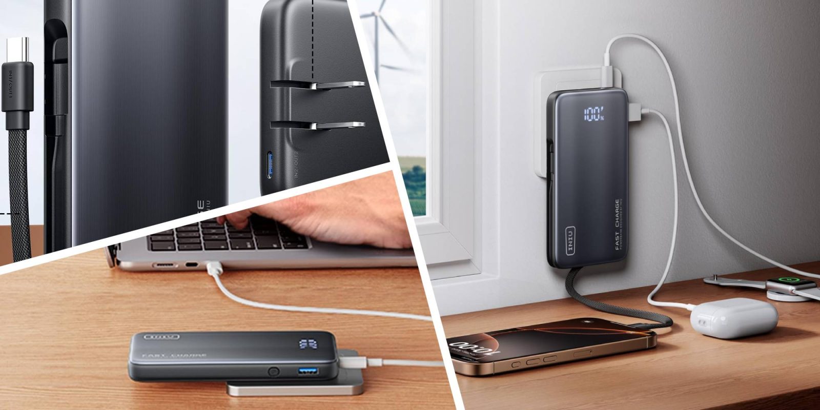 A collage of a cell phone charging station