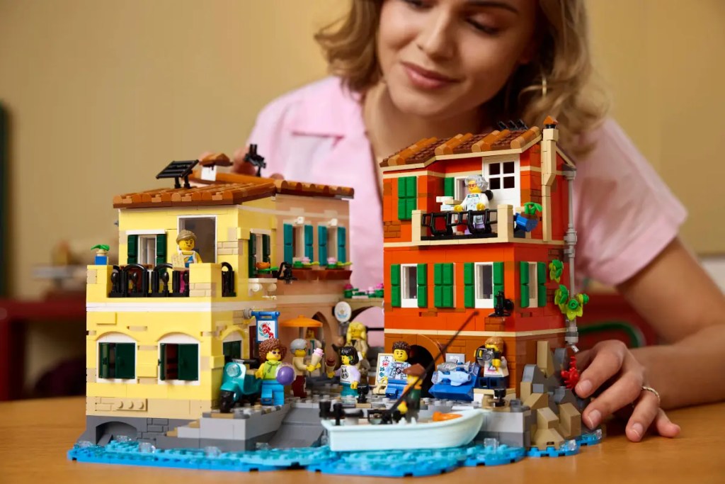 A woman holding a building set