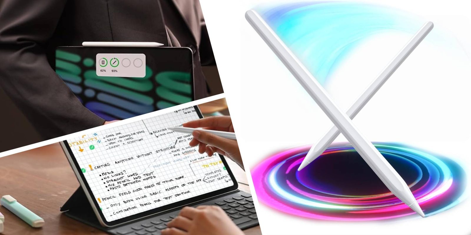 A collage of different images of a laptop and a tablet