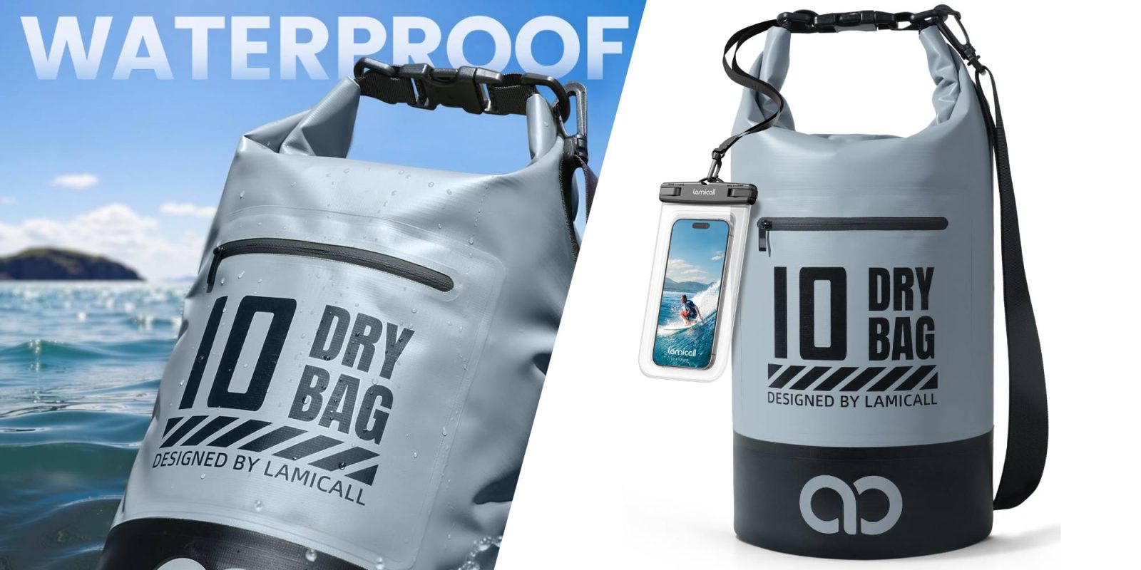 A waterproof bag with a phone attached to it