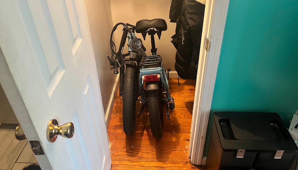 Lectric's XP4 750 e-bike folded inside closet