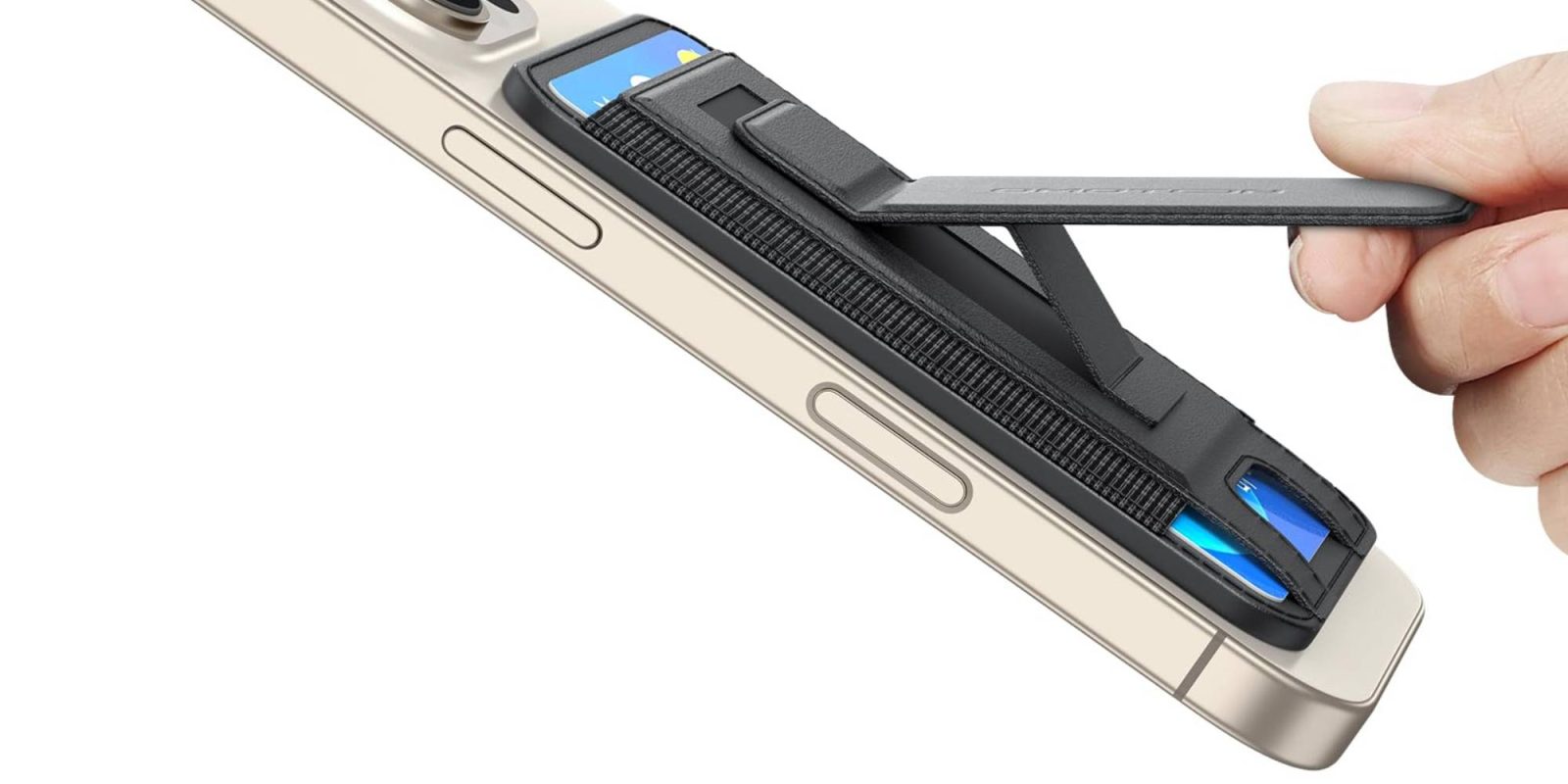 A cell phone with a black strap