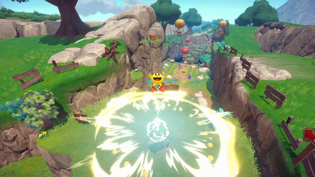 A video game screen with a cartoon character and a fire ring