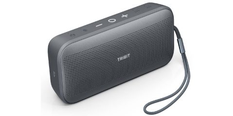A black rectangular speaker with a cord