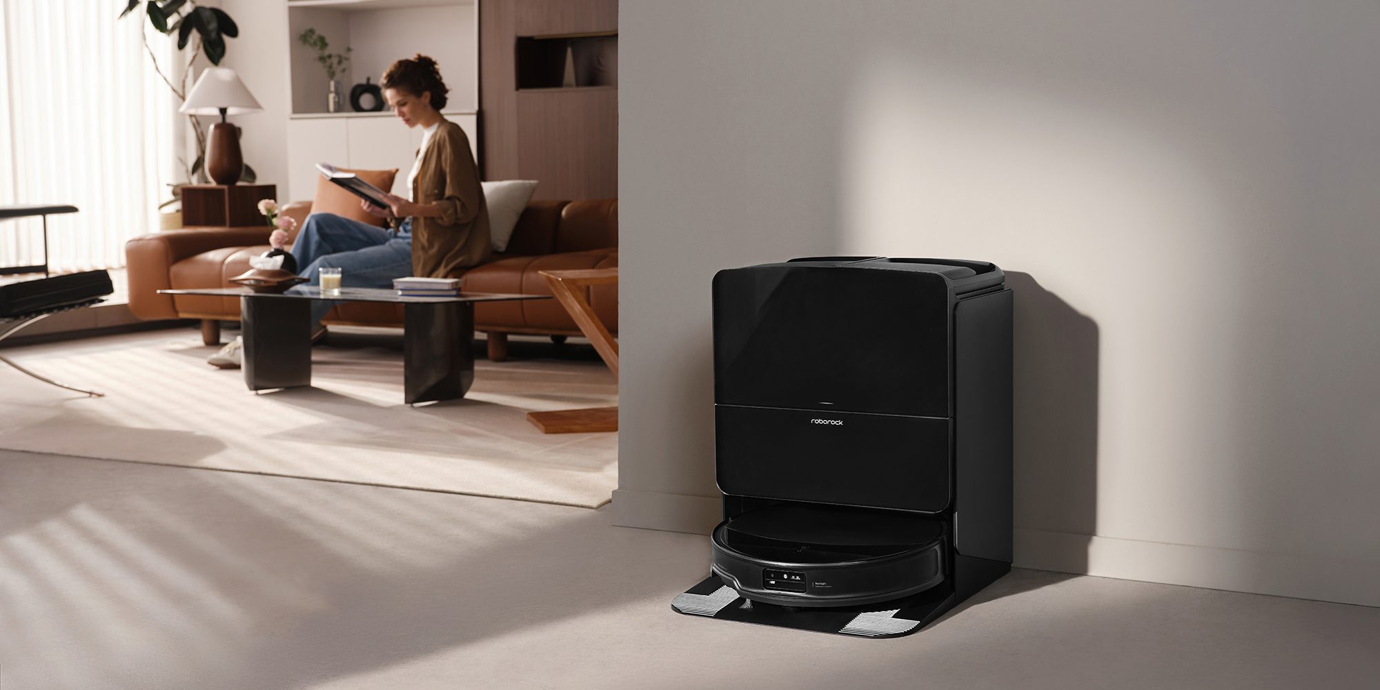 A robot vacuum cleaner in a living room