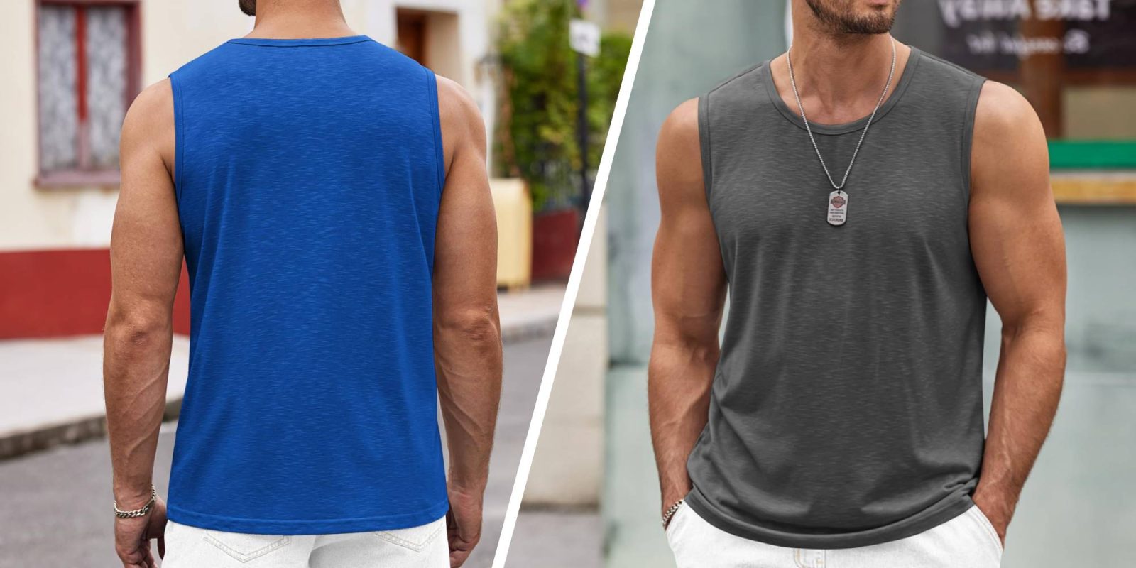 A collage of a man wearing a tank top