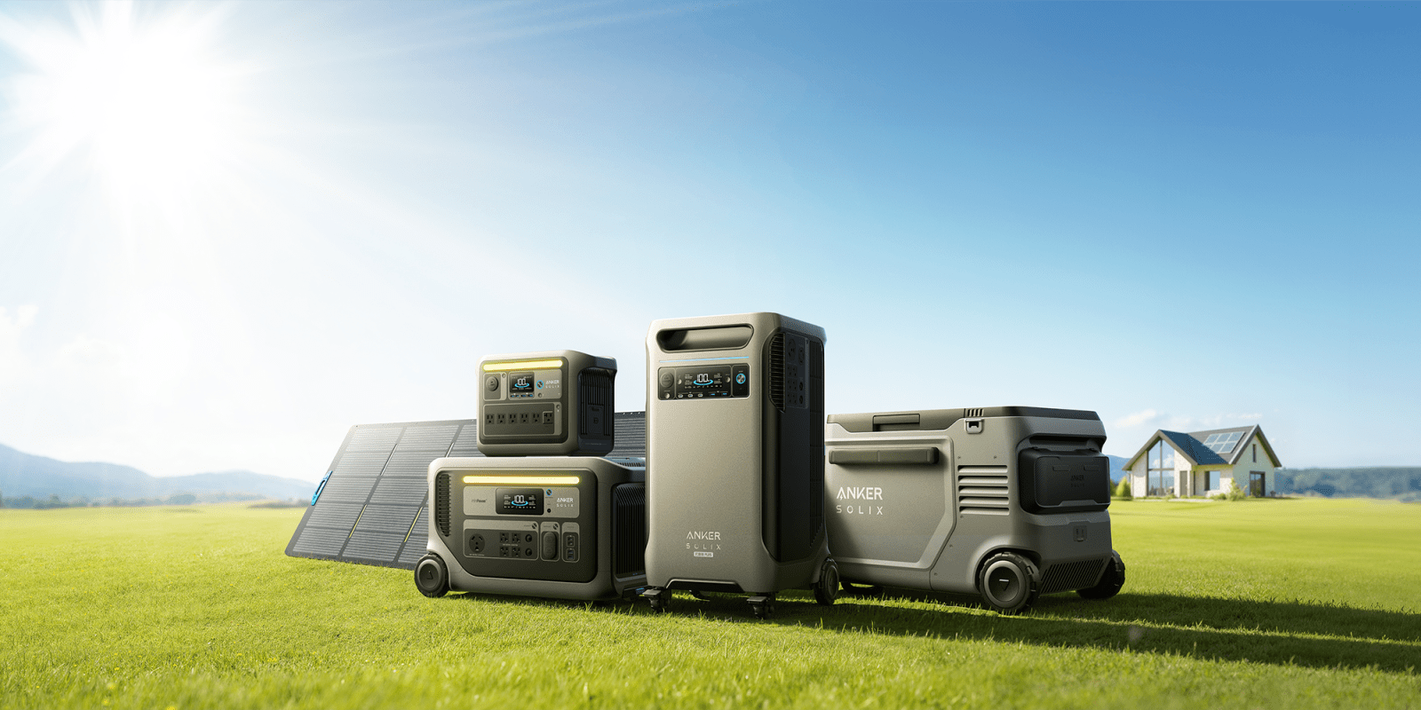 A group of grey boxes on grass