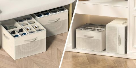 A collage of two boxes with a lid under a bed