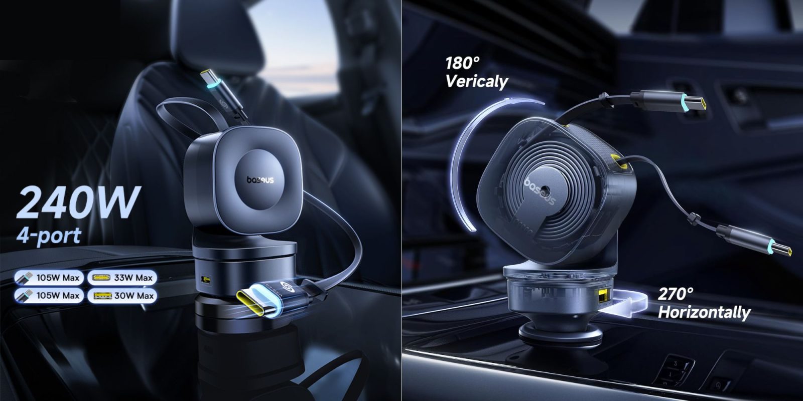 Image showing renders of Baseus' new 240W car charger.