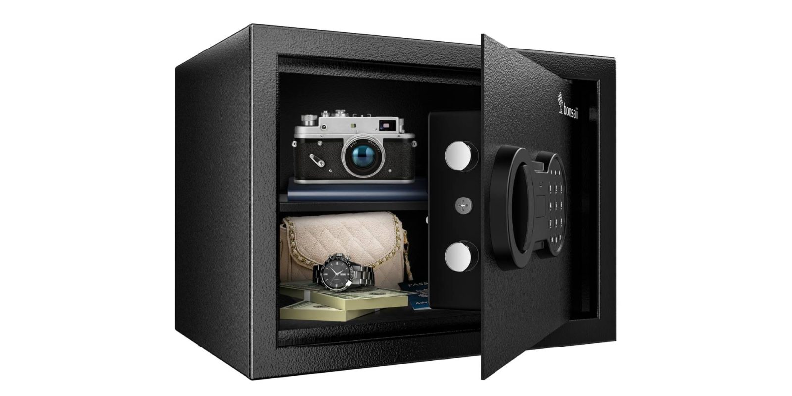 A black safe with a camera and wallet and money