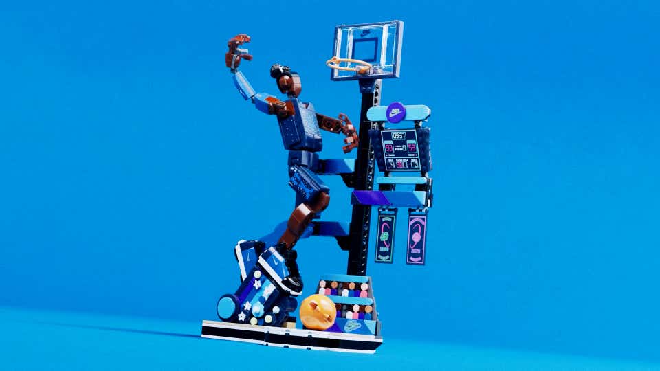 A toy figure with a basketball hoop