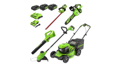 A group of green and black lawnmowers
