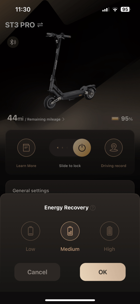 A screenshot of navee's st3 pro scooter controls