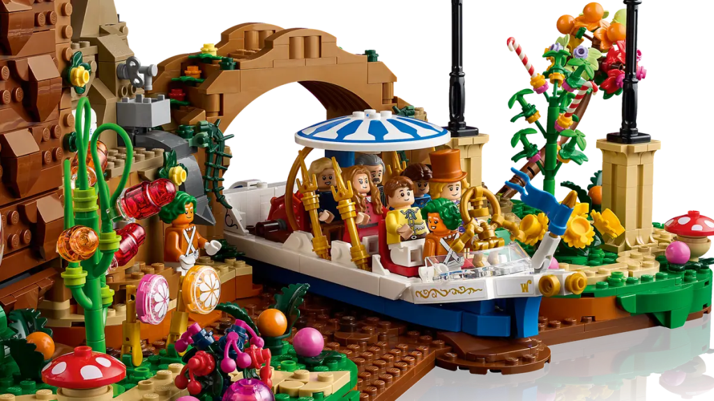 A toy boat with people on it as part of lego ideas willy wonka set