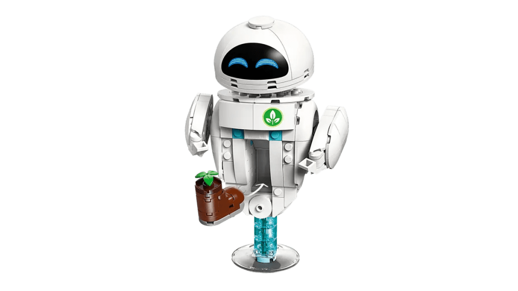 A white robot with blue eyes holding a brown object