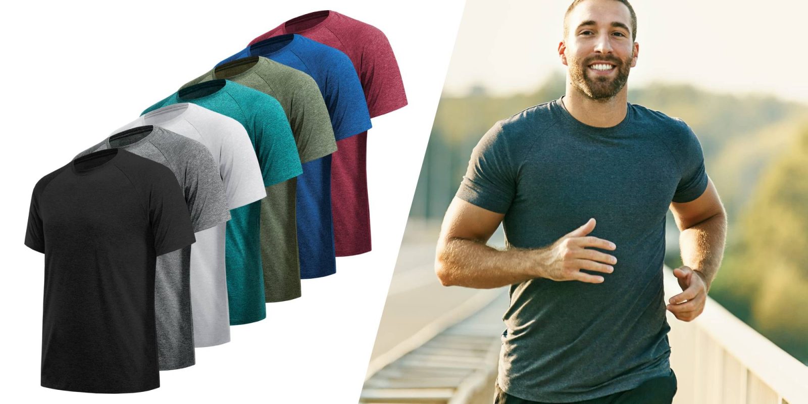 A man smiling and standing in different colors of t-shirts