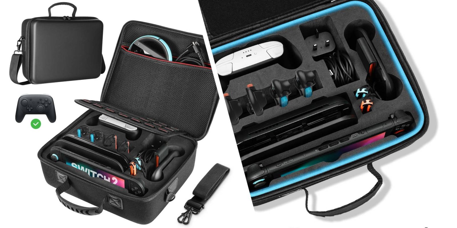 A black and blue case with a black strap and a black and blue case with a black strap and a black strap