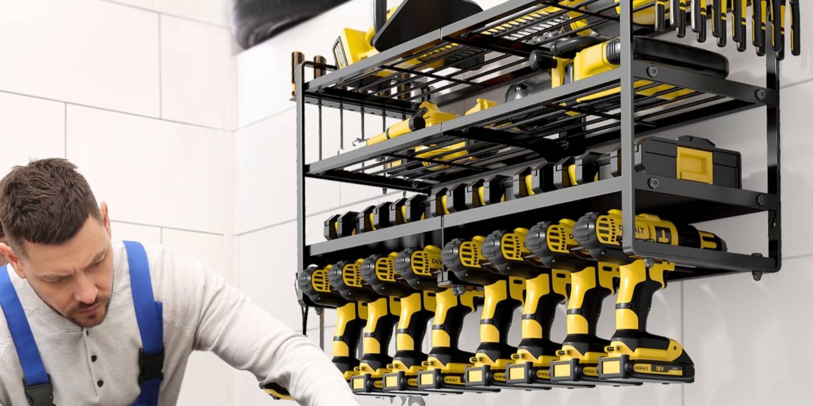 A person standing next to a rack of yellow and black tools