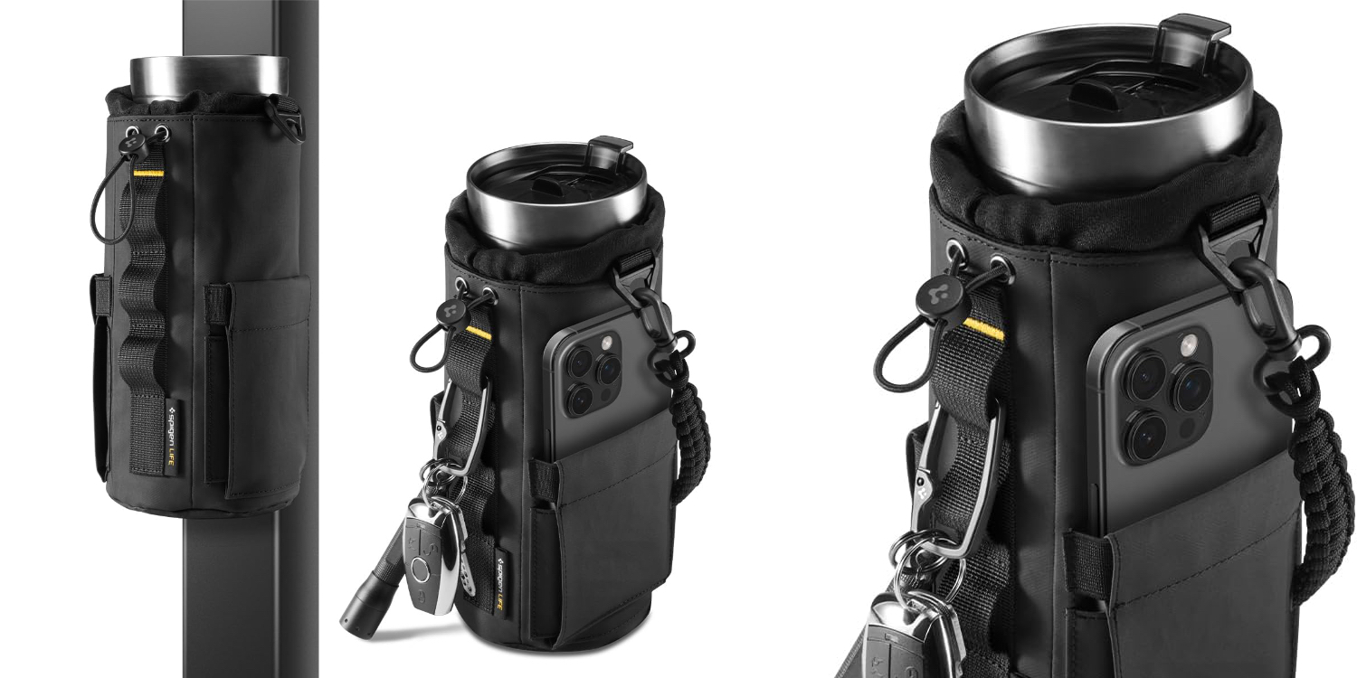 A black water bottle with a phone on it