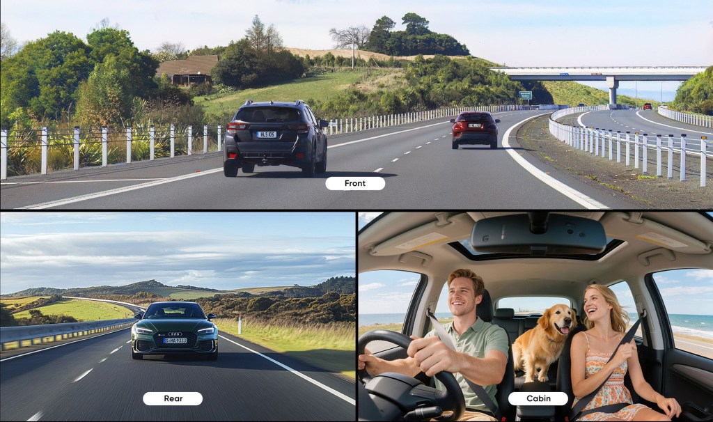 A collage of cars driving on a road