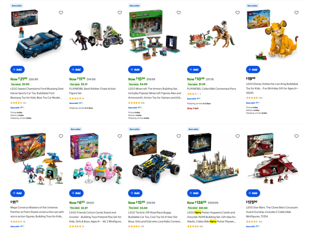 A screenshot of a website with toys