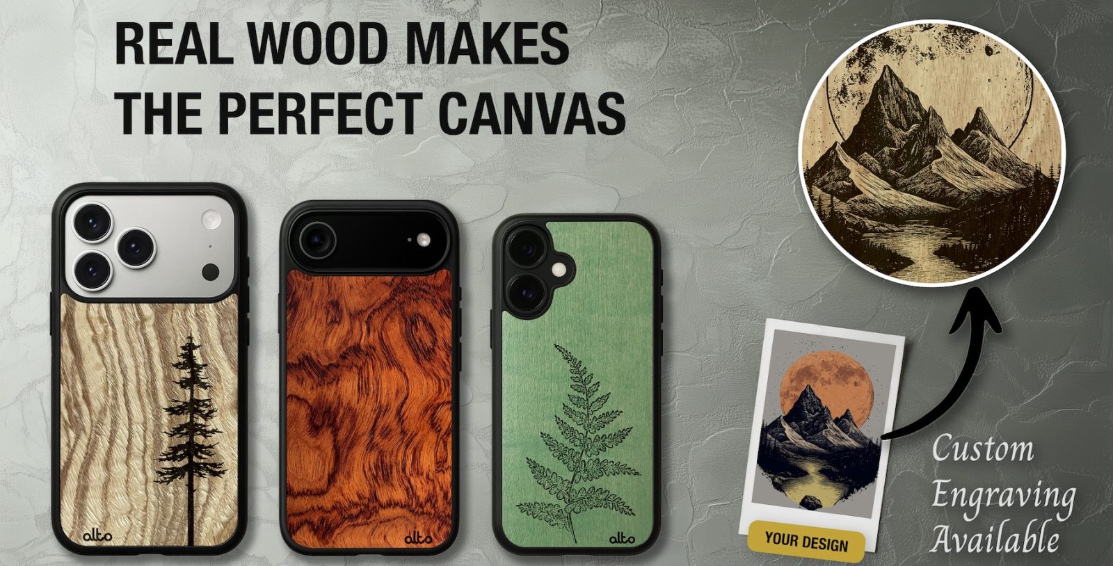 A couple of cell phones with a wood pattern on them