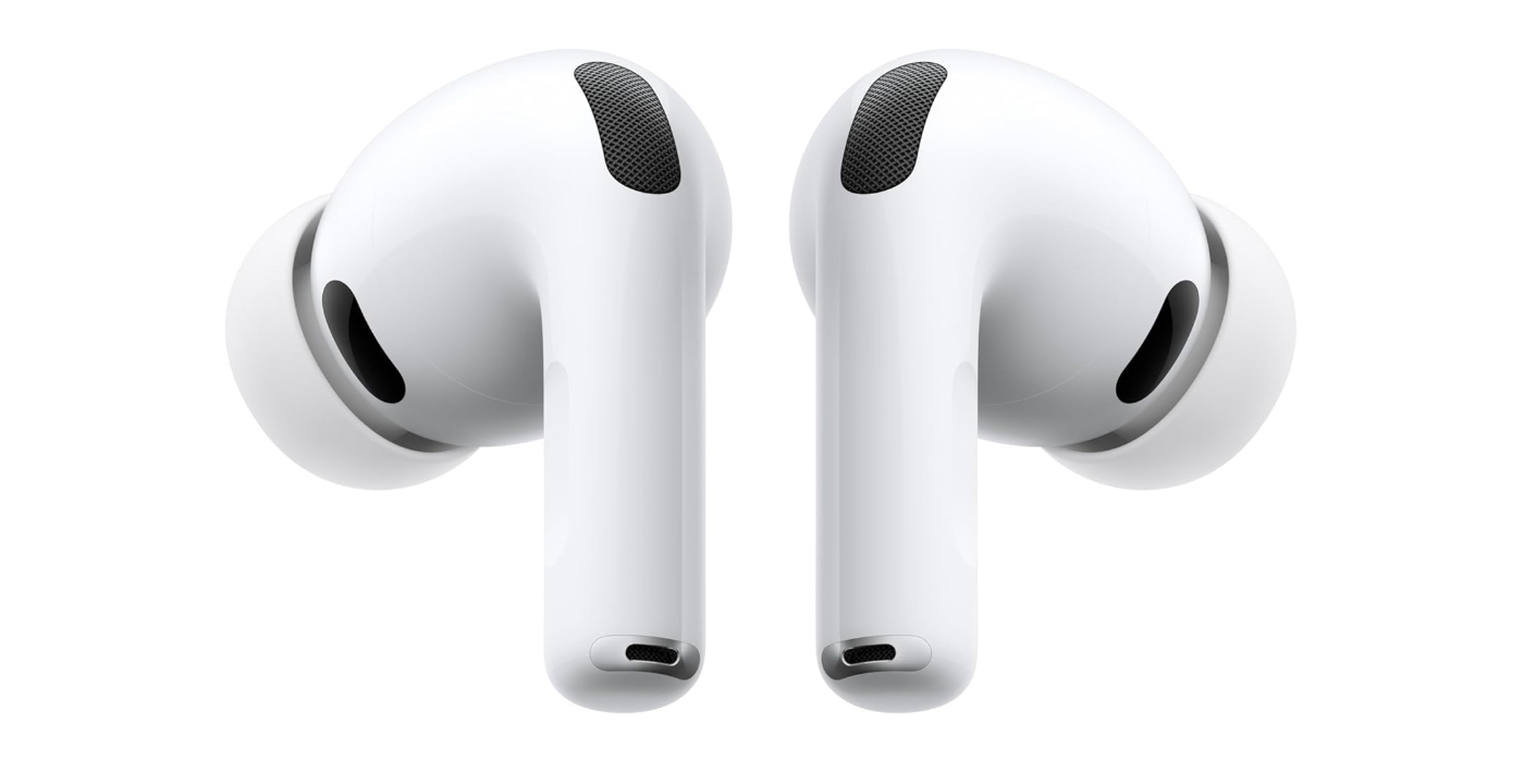 A pair of white earbuds