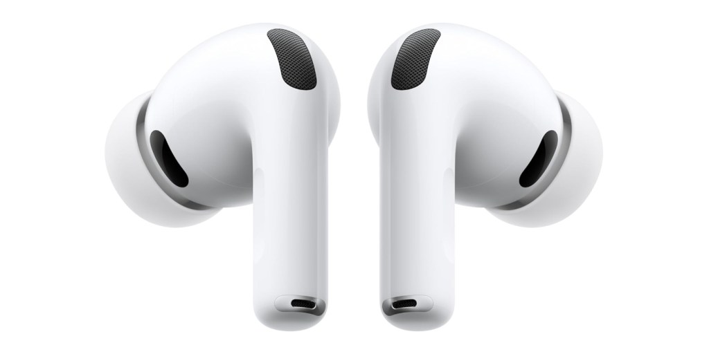 A pair of white earbuds