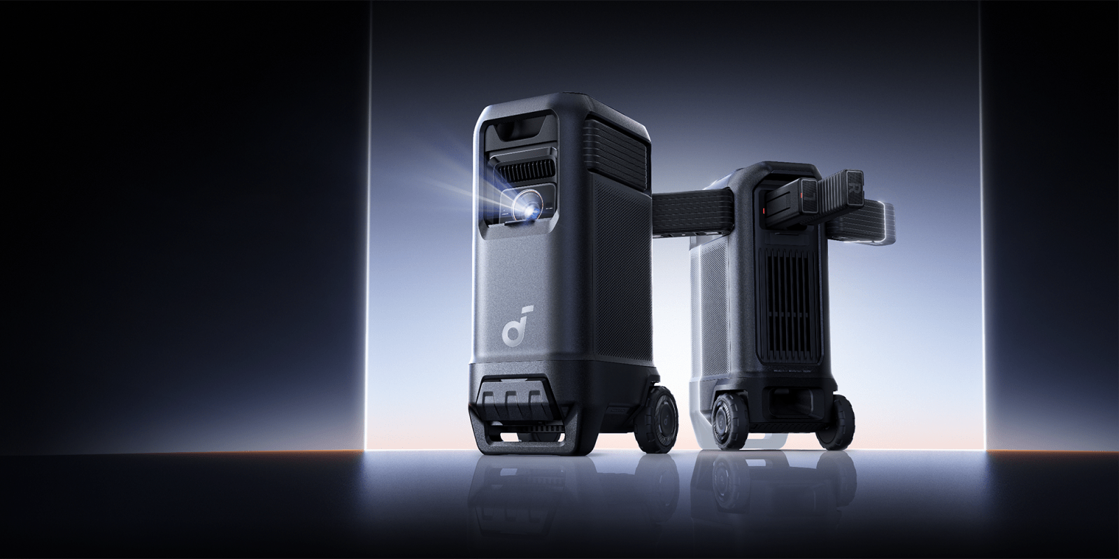 A black machine with wheels and a blue light