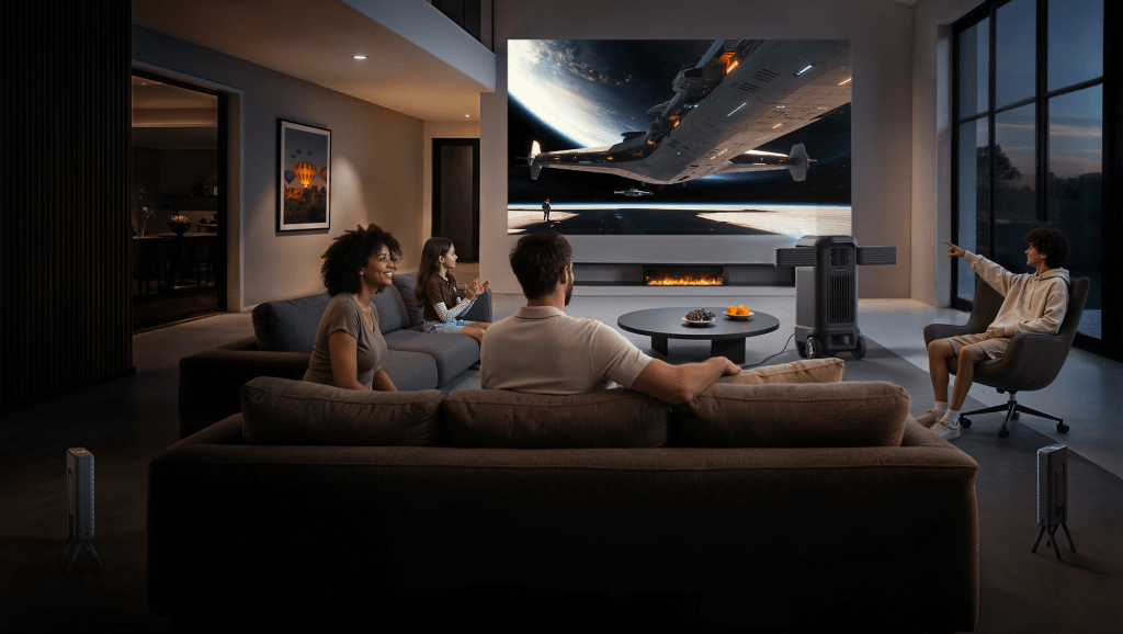 A group of people sitting on a couch in a living room watching a video game from the Anker nebula x1 pro