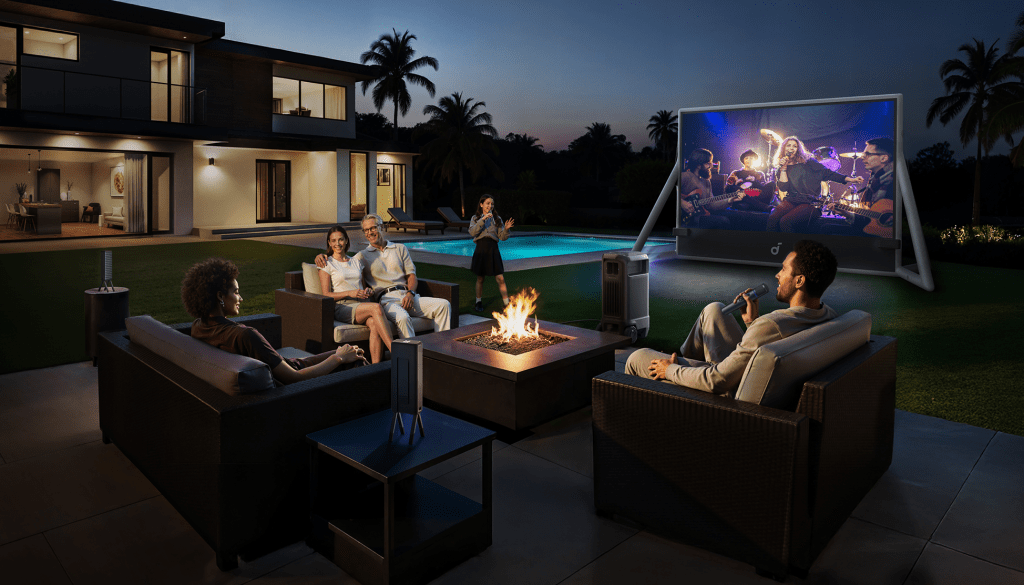 A group of people sitting around a fire pit with the Anker nebula x1 pro