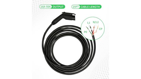 A black cable with a plug