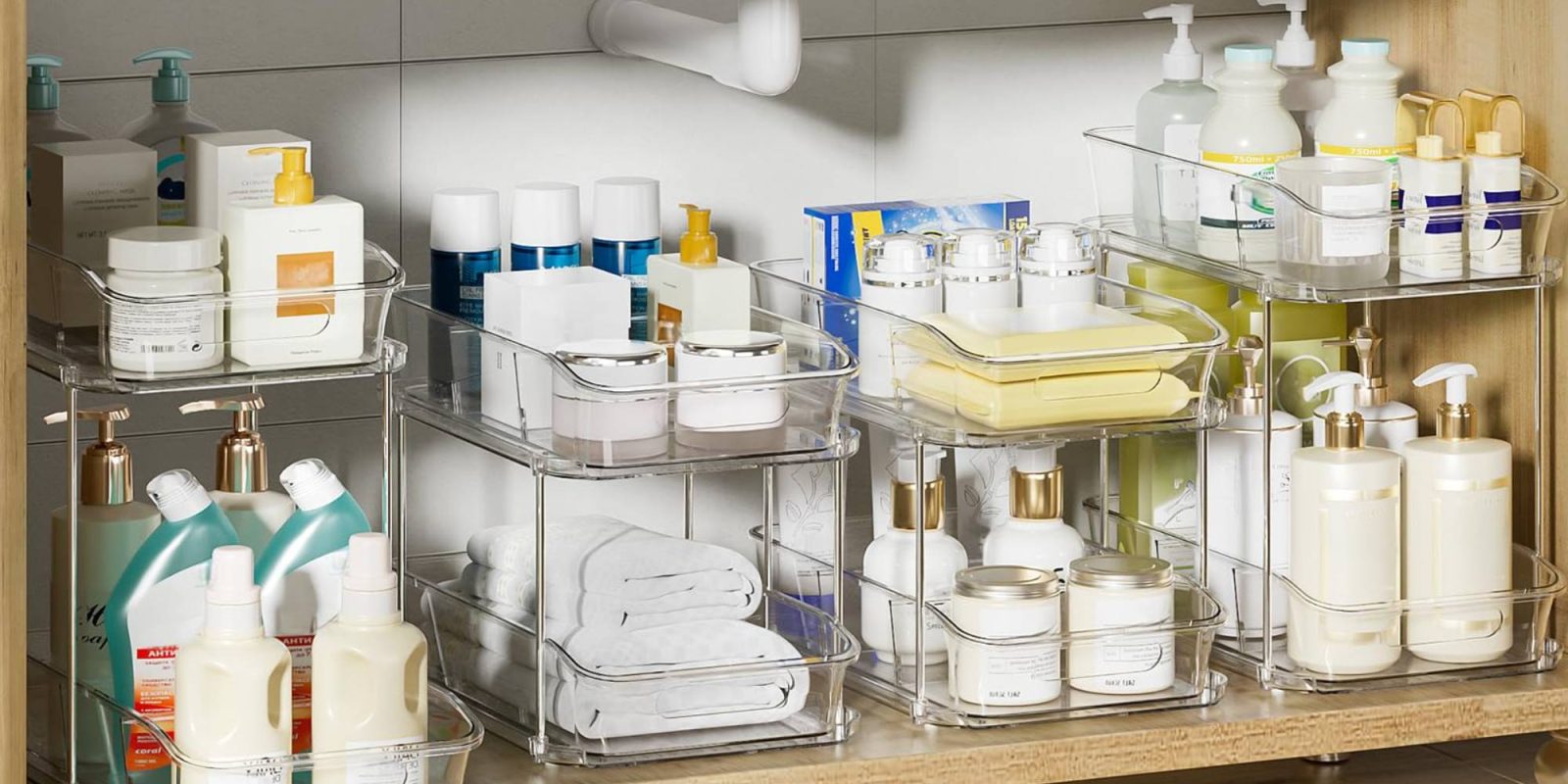 A shelf with a variety of bathroom products