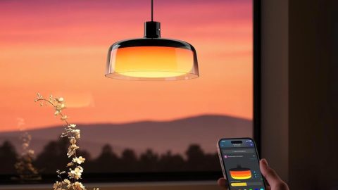 A person holding a phone with a light from the ceiling