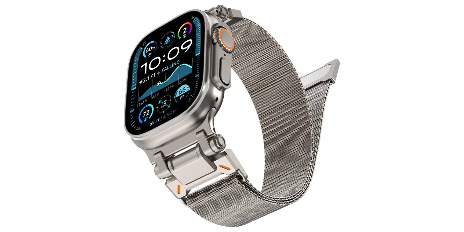 A silver smart watch with a metal band