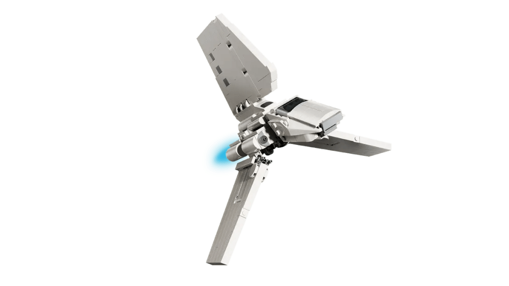 A white space ship with a blue flame