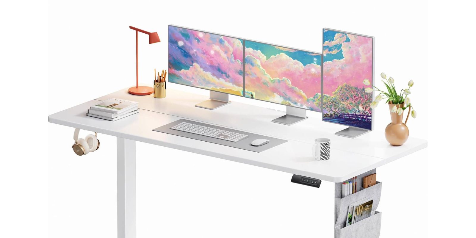 A desk with multiple monitors and a keyboard